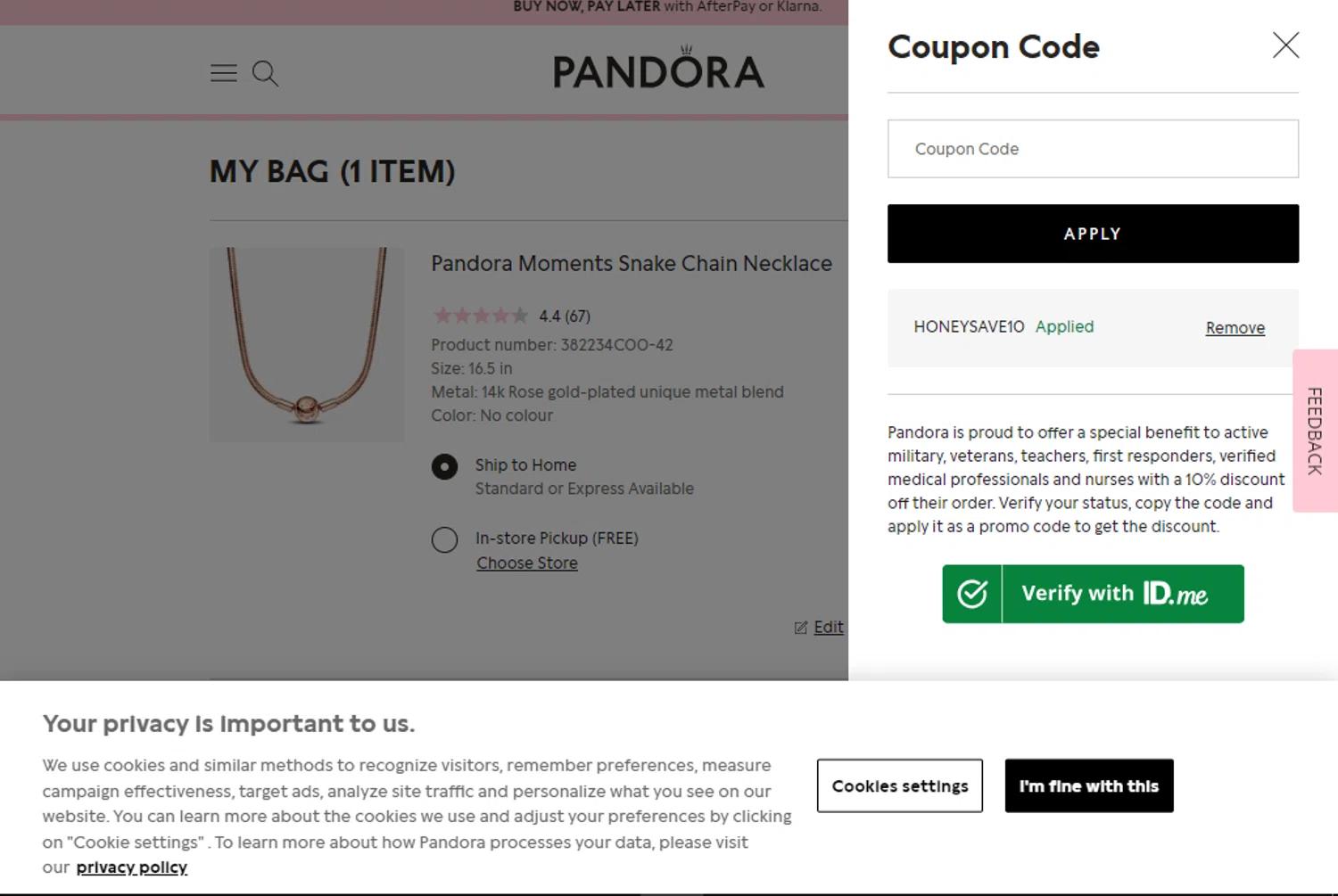 where to use Pandora promo code box