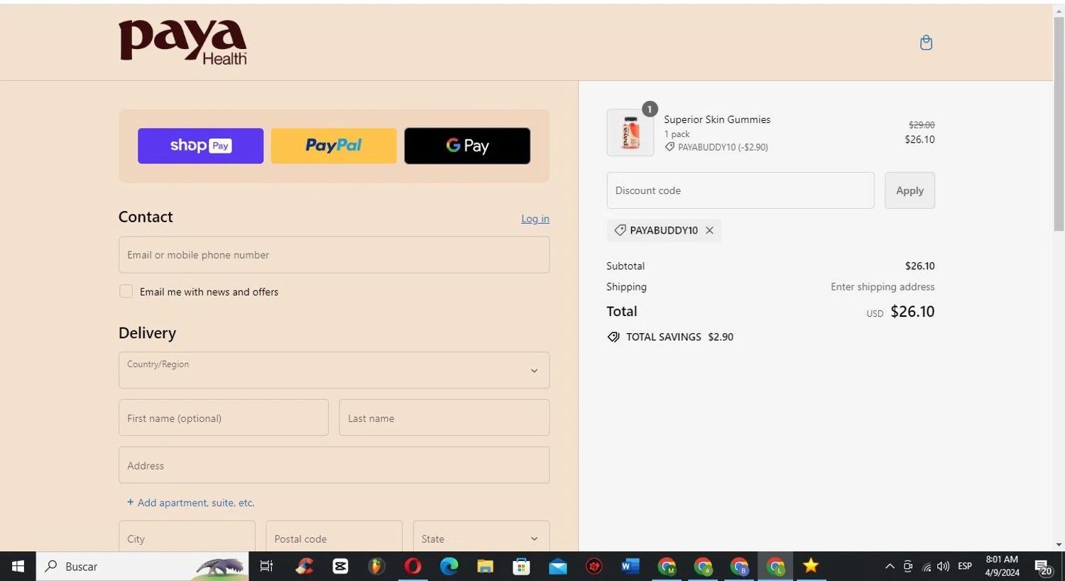 where to use Paya Health promo code box