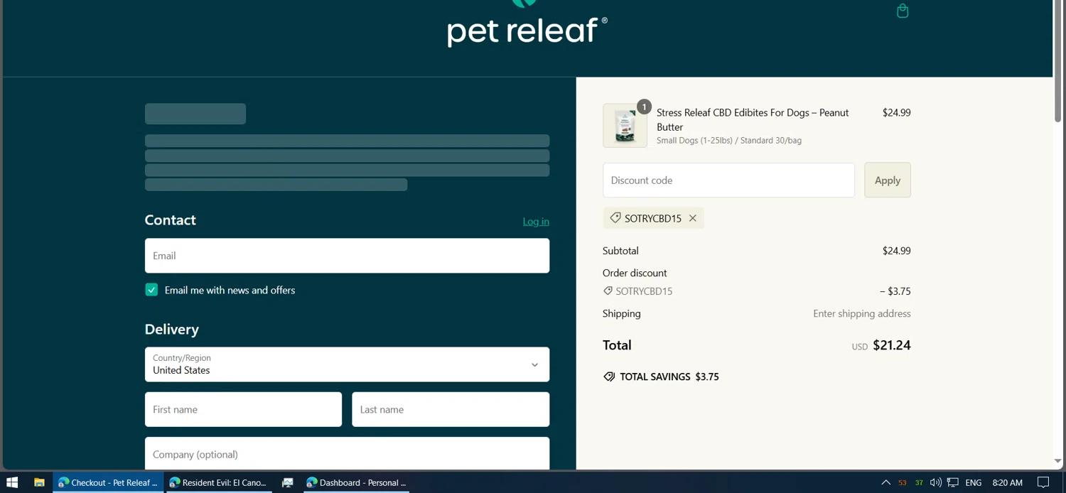 where to use Pet Releaf promo code box