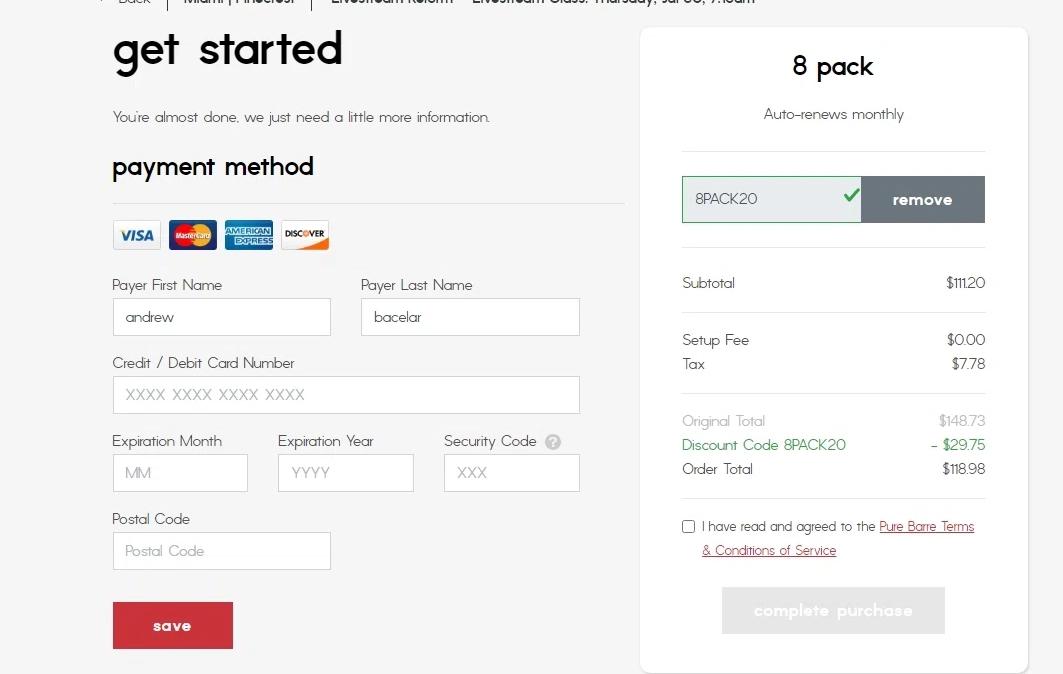 where to use Pure Barre promo code box