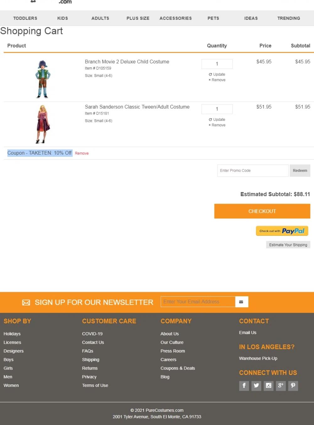 where to use Pure Costumes promo code box