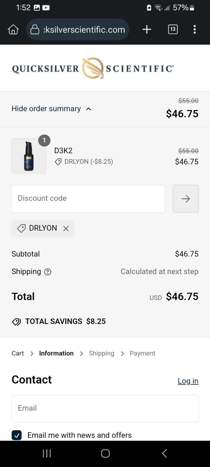 where to use Quicksilver Scientific promo code box