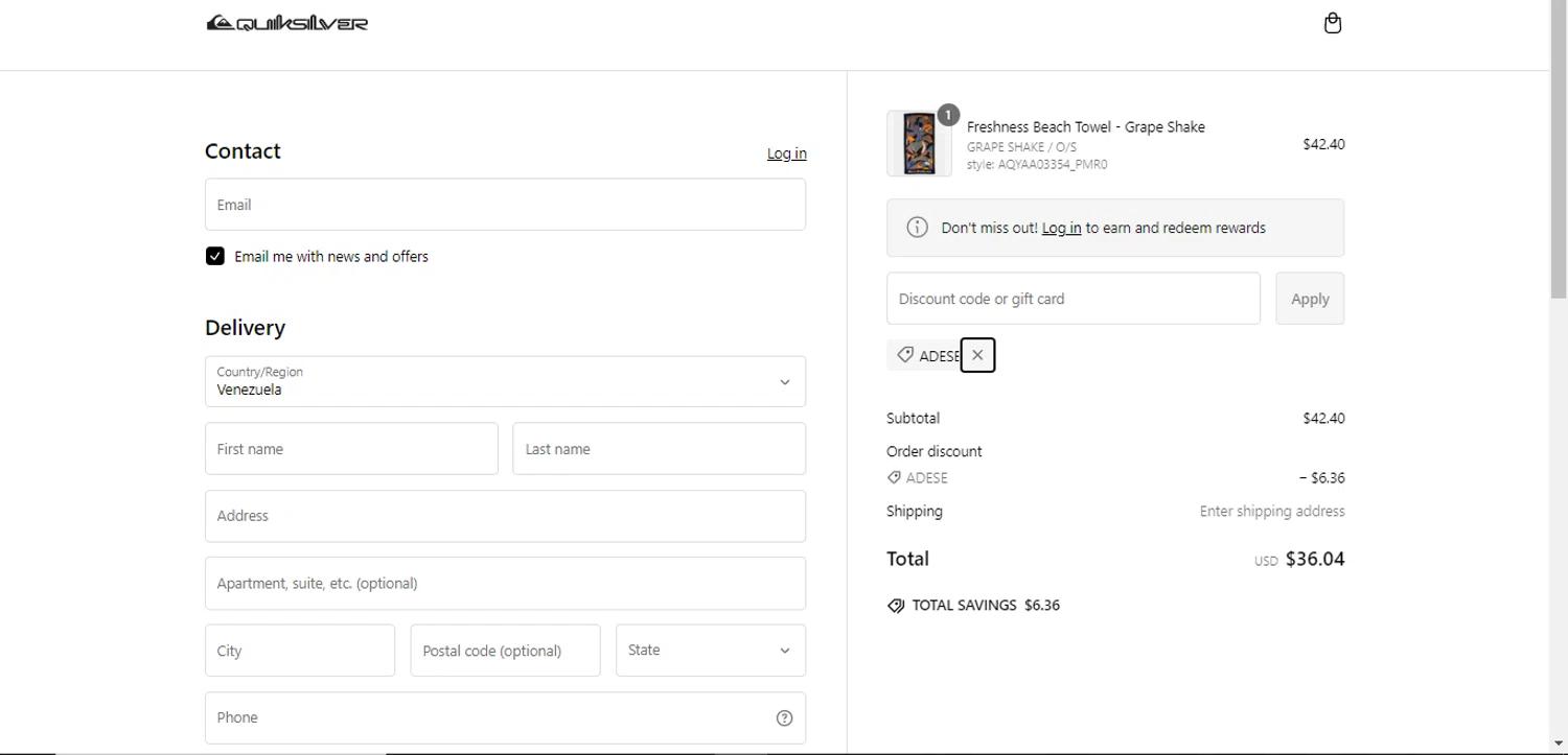 where to use QuikSilver promo code box