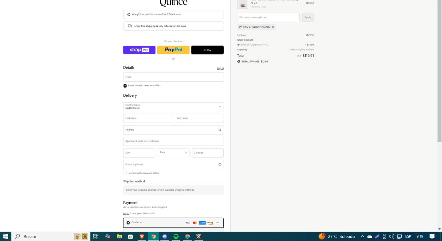 where to use Quince promo code box