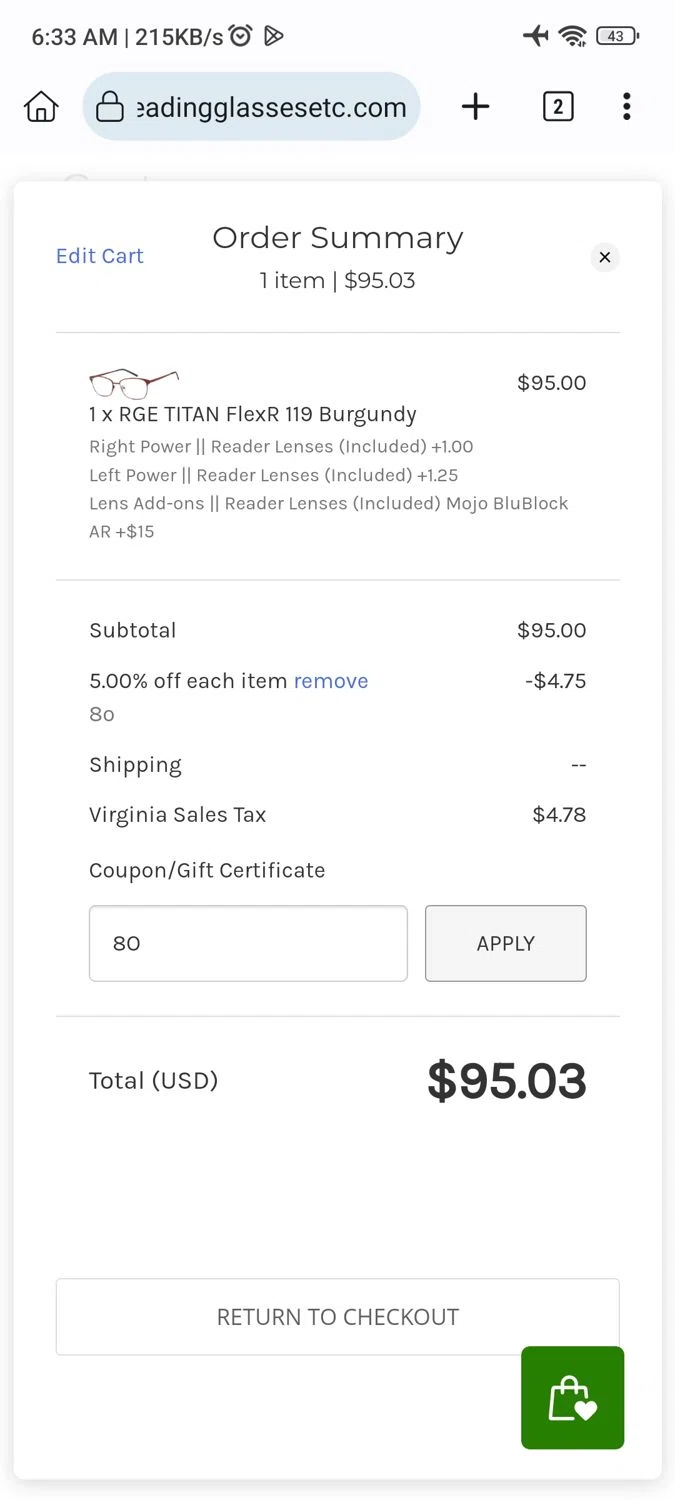 where to use Reading Glasses Etc.com promo code box