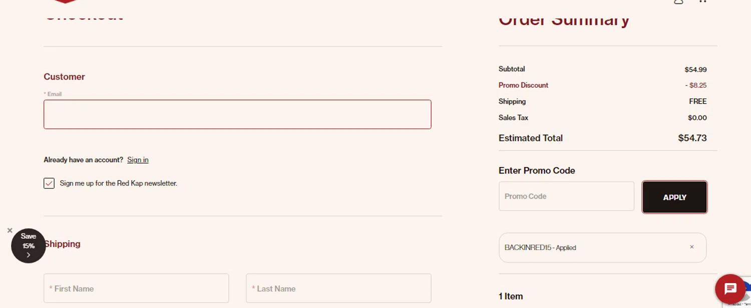 where to use Red Kap promo code box