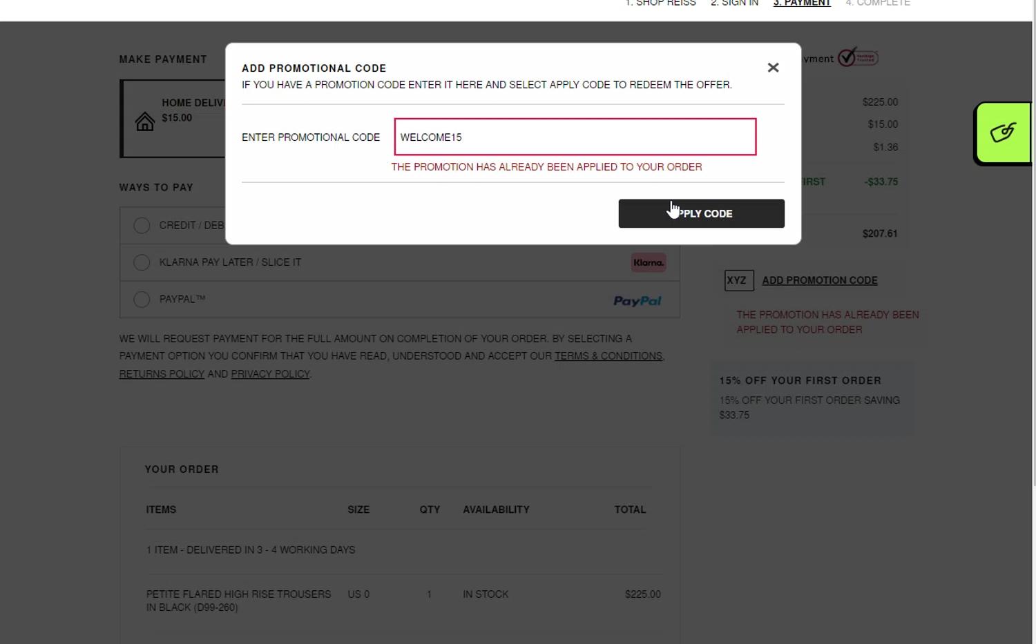 where to use Reiss promo code box