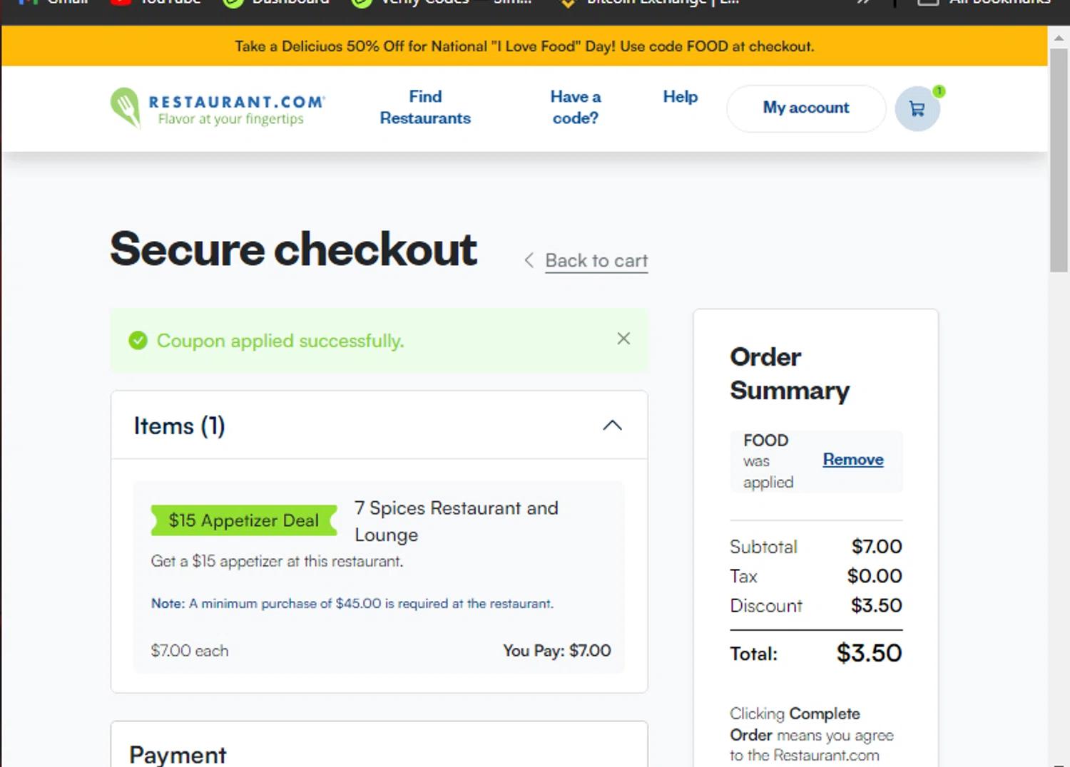 where to use Restaurant.com promo code box