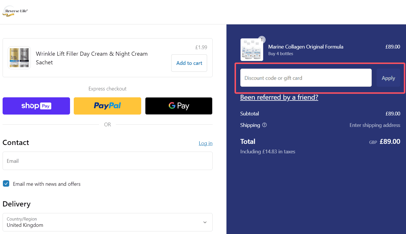 where to use Reverse Life promo code box