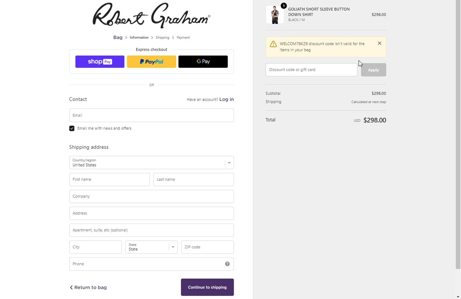 where to use Robert Graham promo code box
