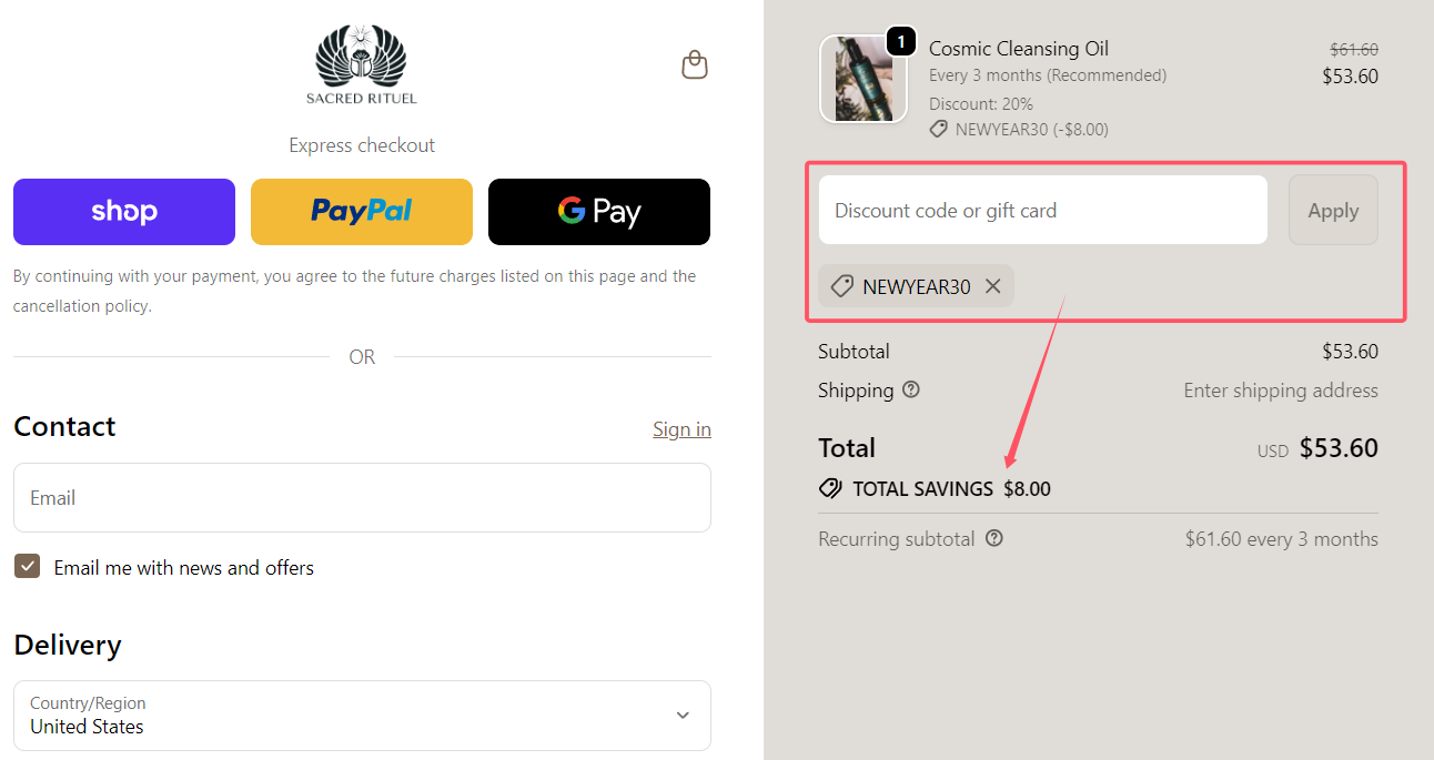 where to use Sacred Rituel Beauty promo code box