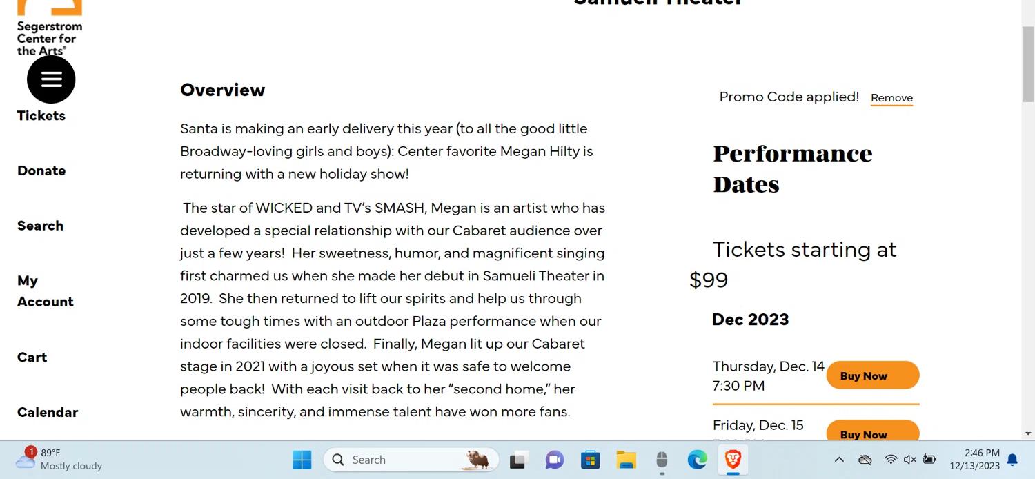 where to use Segerstrom Center for the Arts promo code box