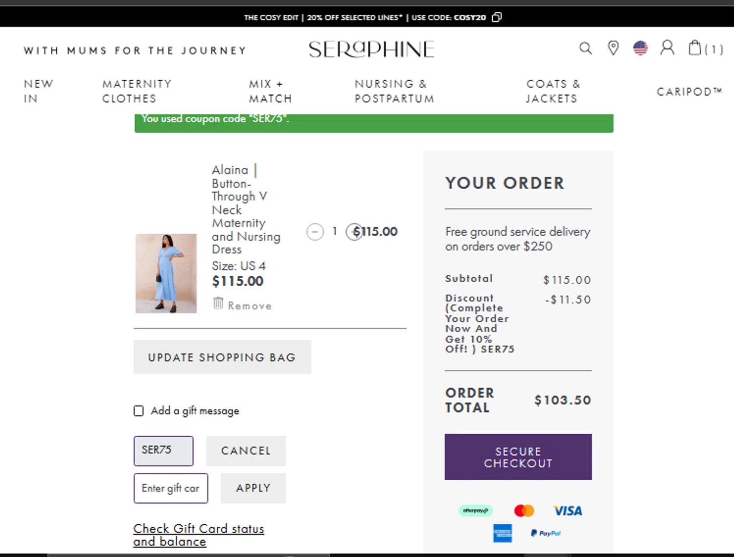 where to use Seraphine promo code box