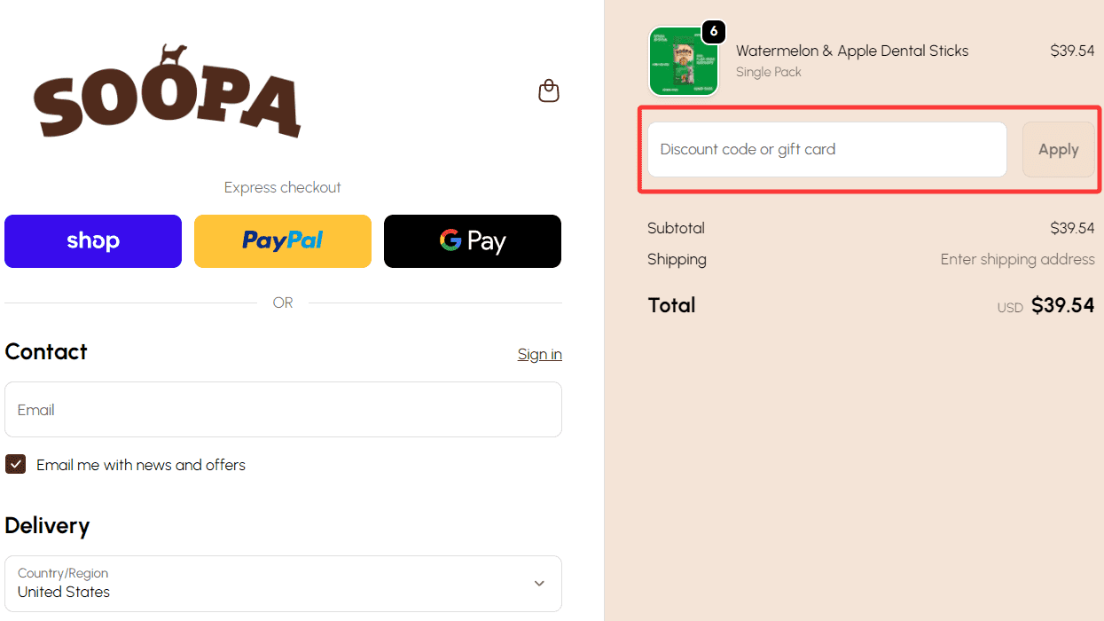 where to use Soopa Pets promo code box