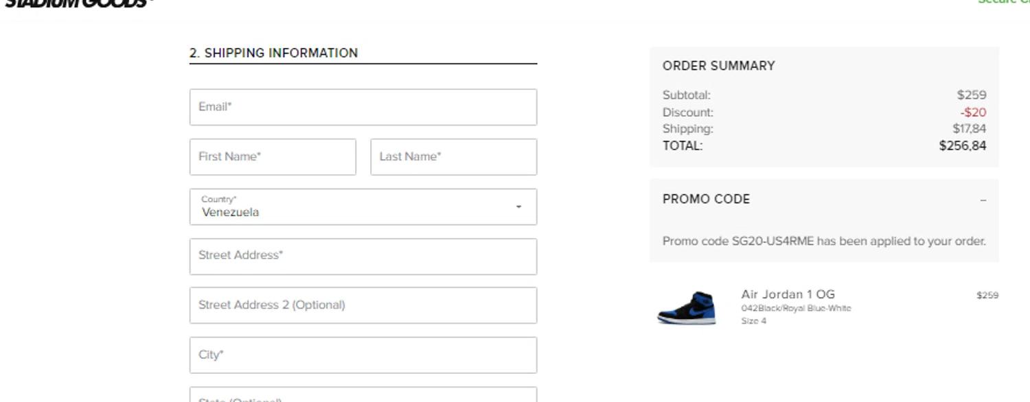 where to use Stadium Goods promo code box