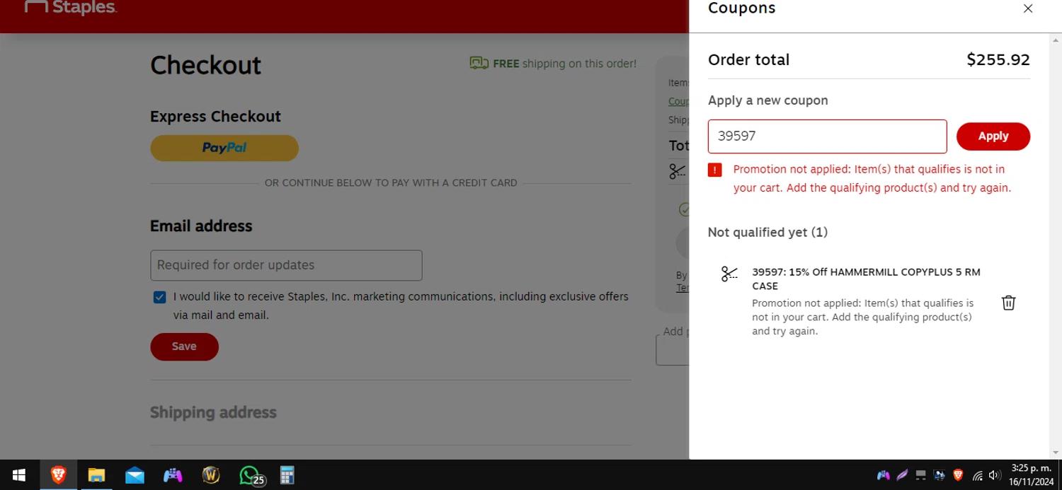 where to use Staples promo code box