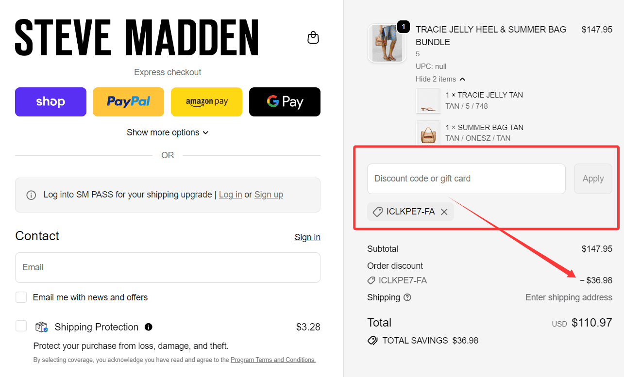 where to use Steve Madden promo code box