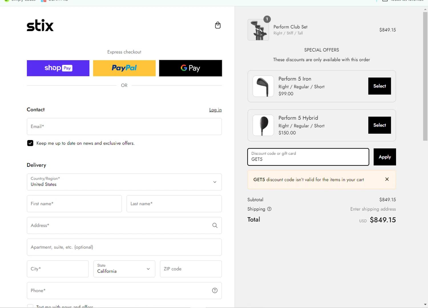 where to use Stix Golf promo code box