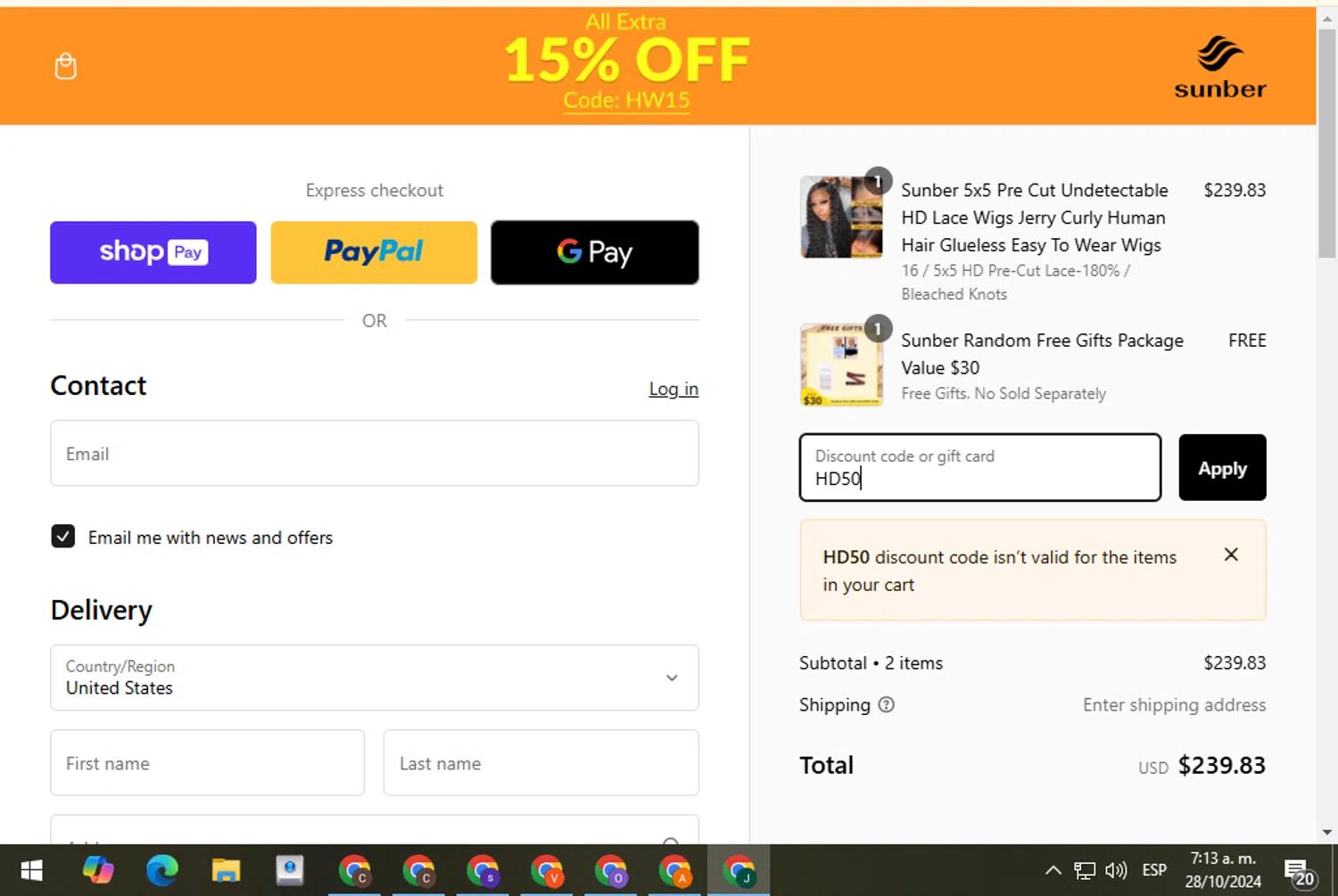 where to use Sunber Hair promo code box