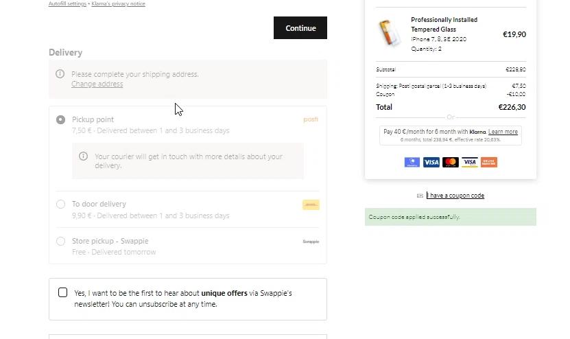 where to use Swappie promo code box