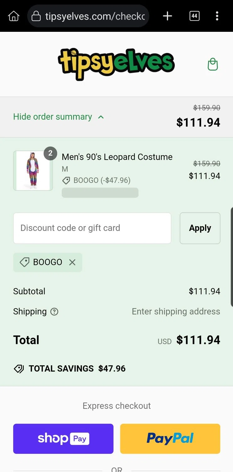 where to use Tipsy Elves promo code box