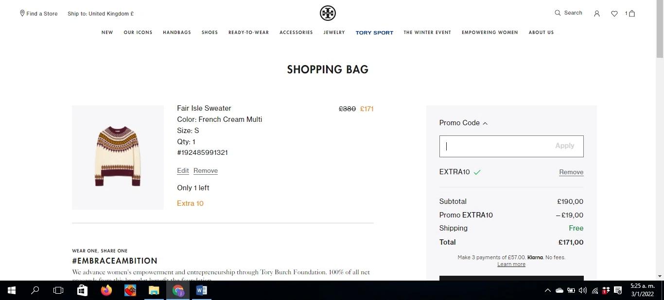 where to use Tory Burch promo code box