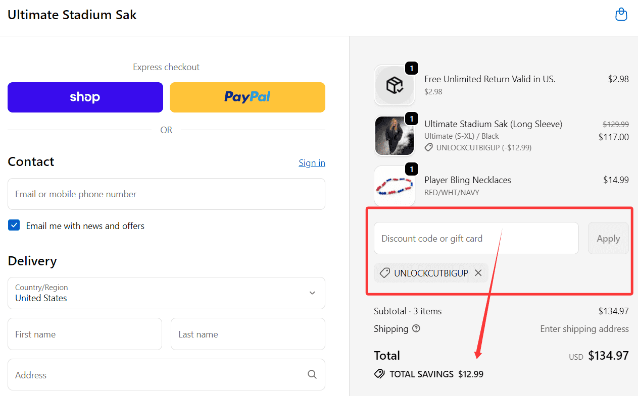 how to use Ultimate Stadium Sak coupons