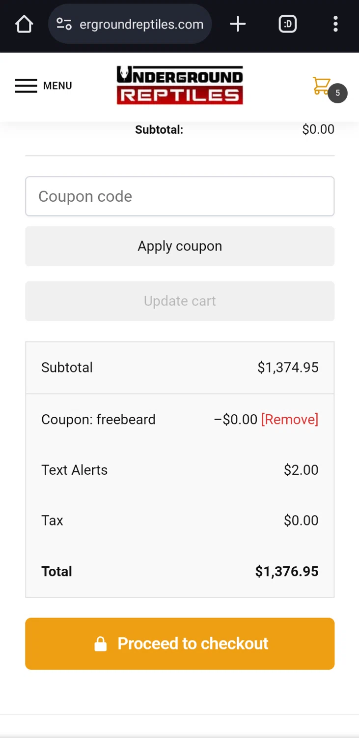 where to use Underground Reptiles promo code box