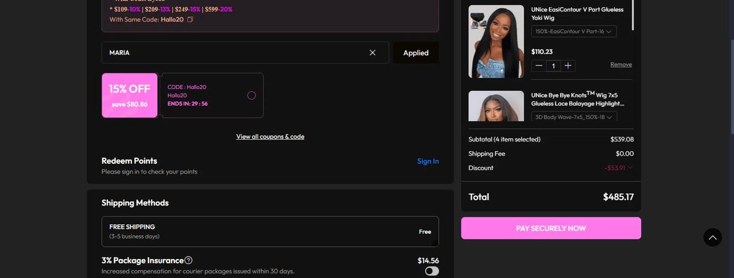 where to use UNice promo code box