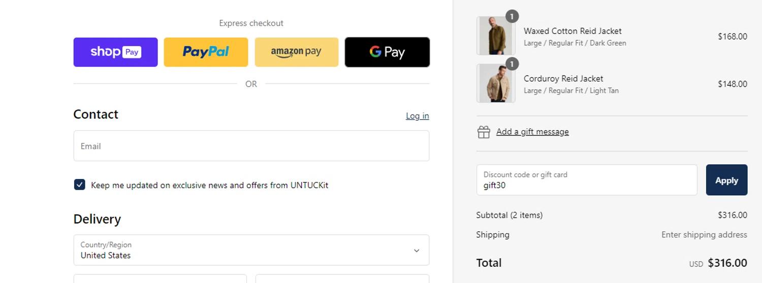 where to use UNTUCKit promo code box