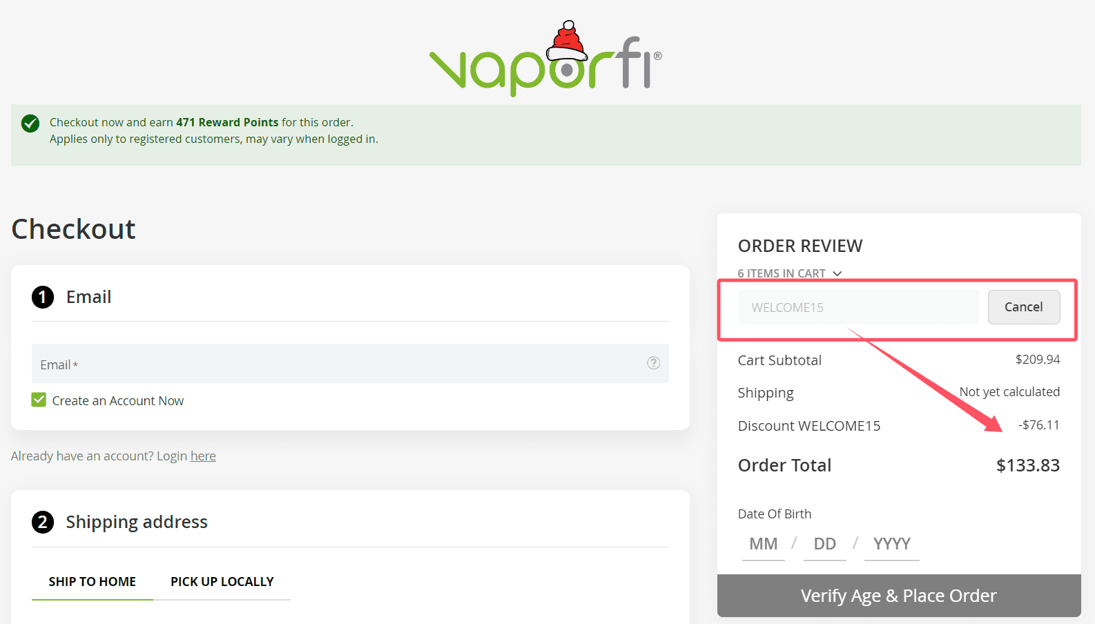 where to use VaporFi promo code box