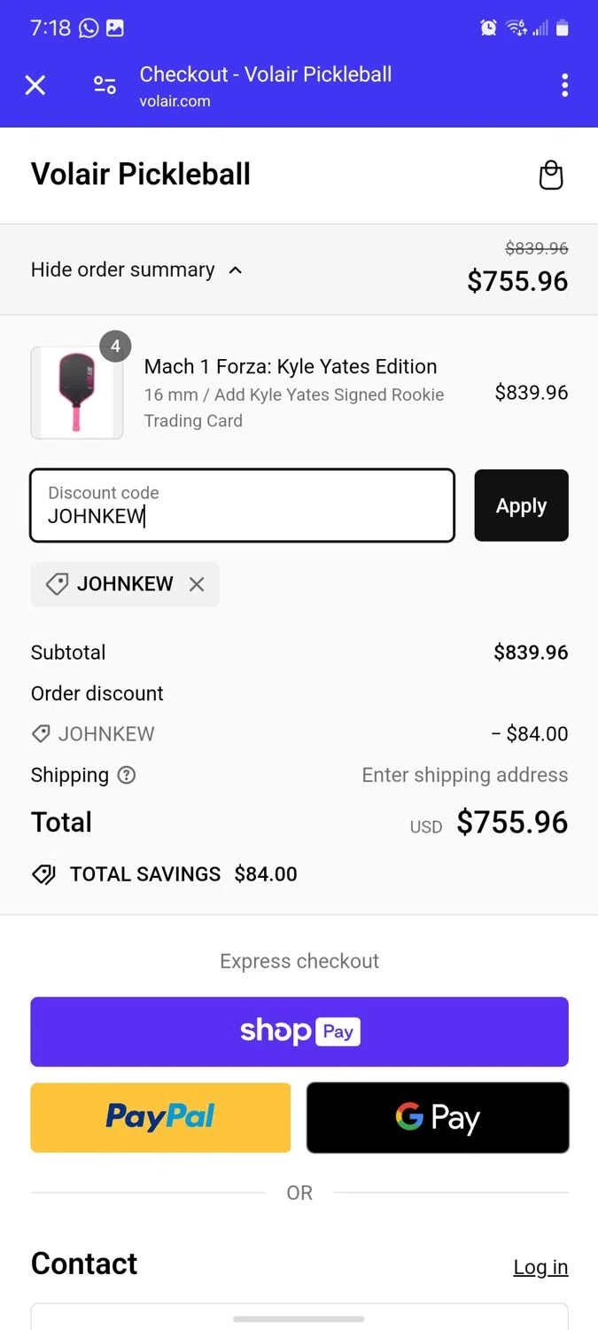 where to use Volair Pickleball promo code box