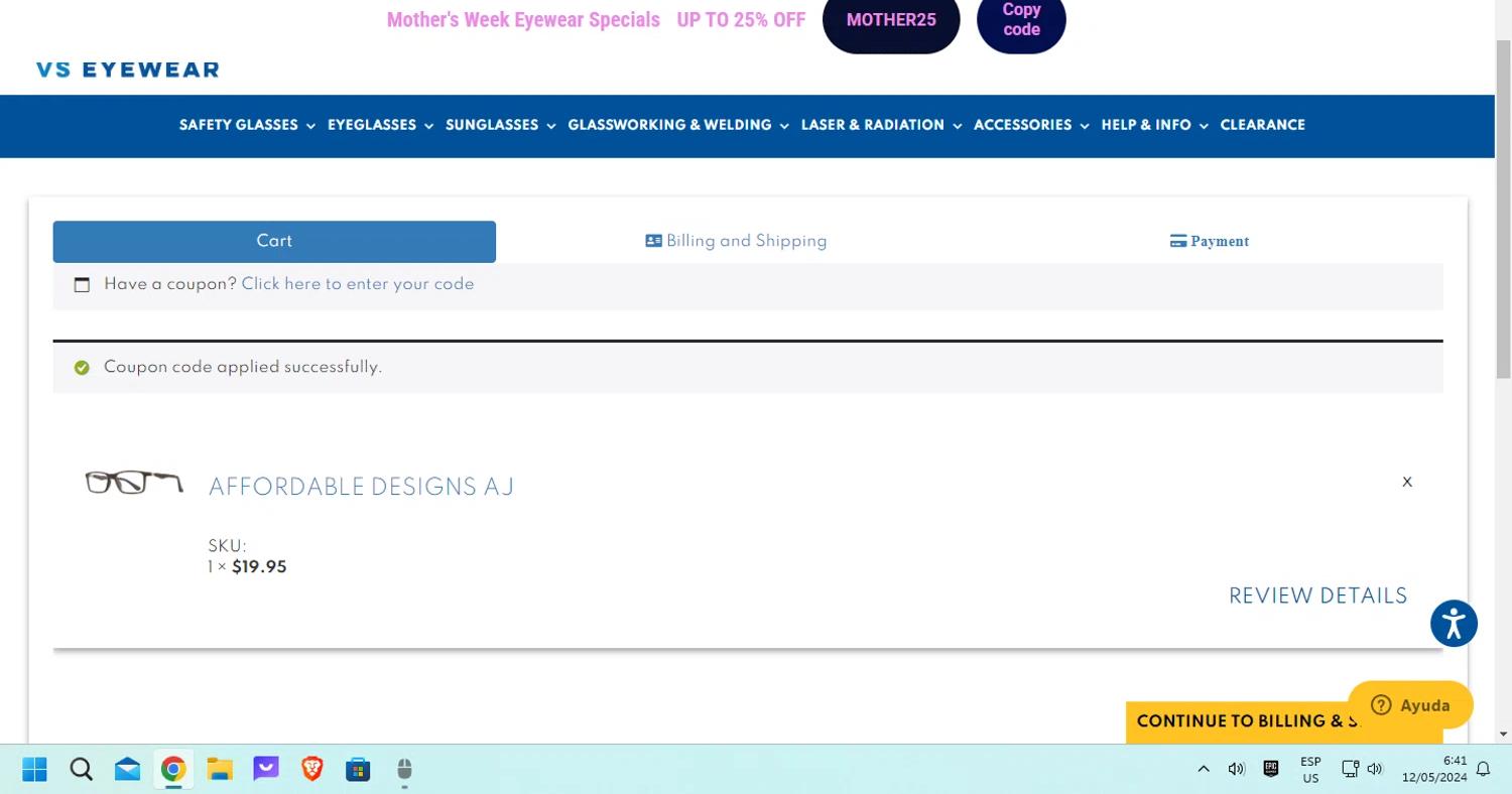 where to use VS Eyewear promo code box
