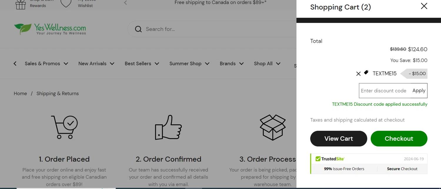 where to use Yes Wellness Canada promo code box