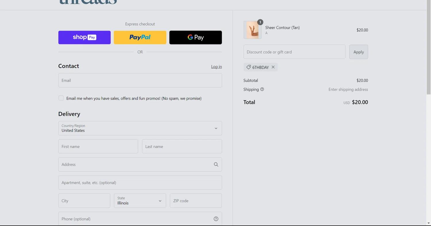 where to use Your Threads promo code box